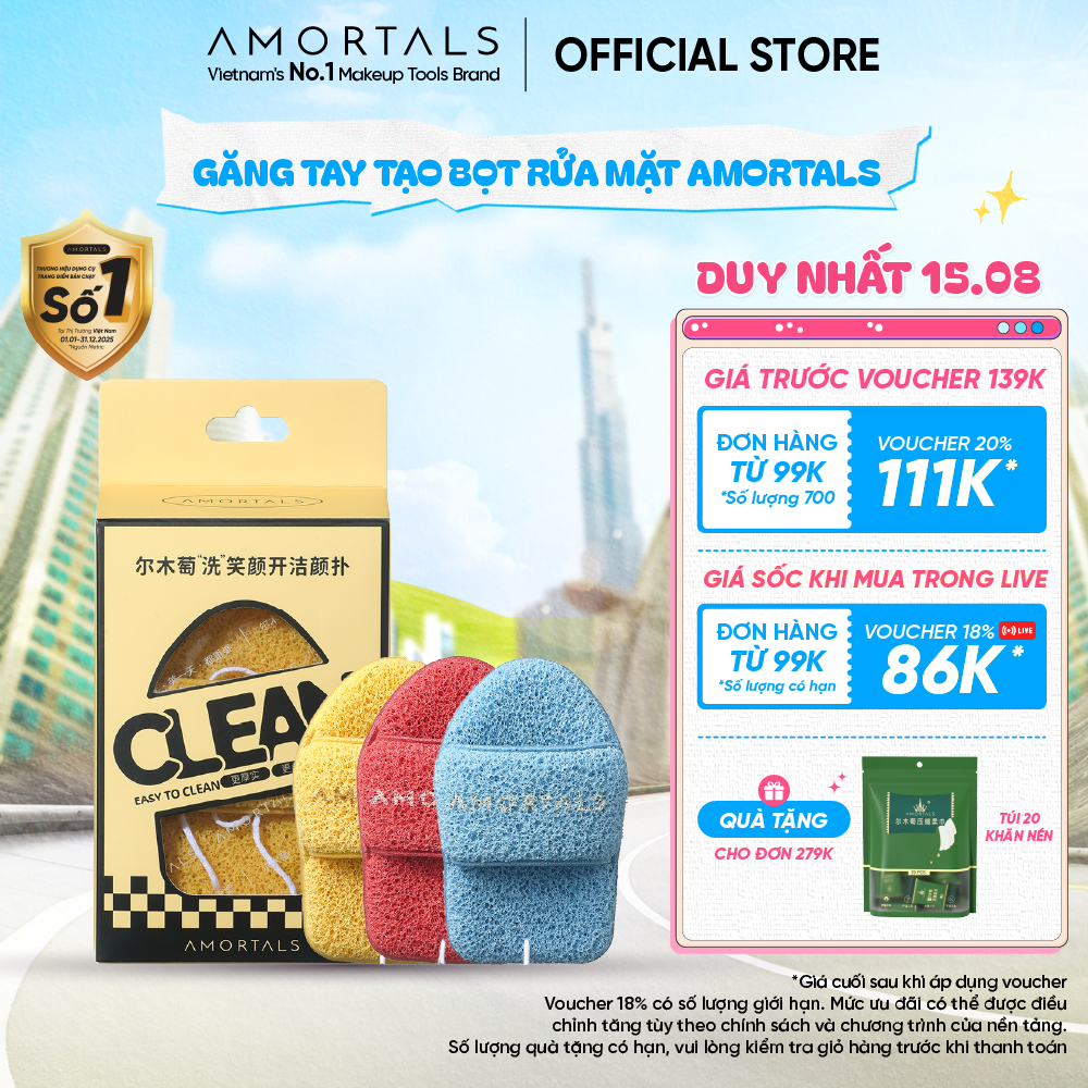 Găng Tay Rửa Mặt Tạo Bọt AMORTALS, Mềm Mịn, Làm Sạch Sâu, Không Rát Da, Nhanh Khô