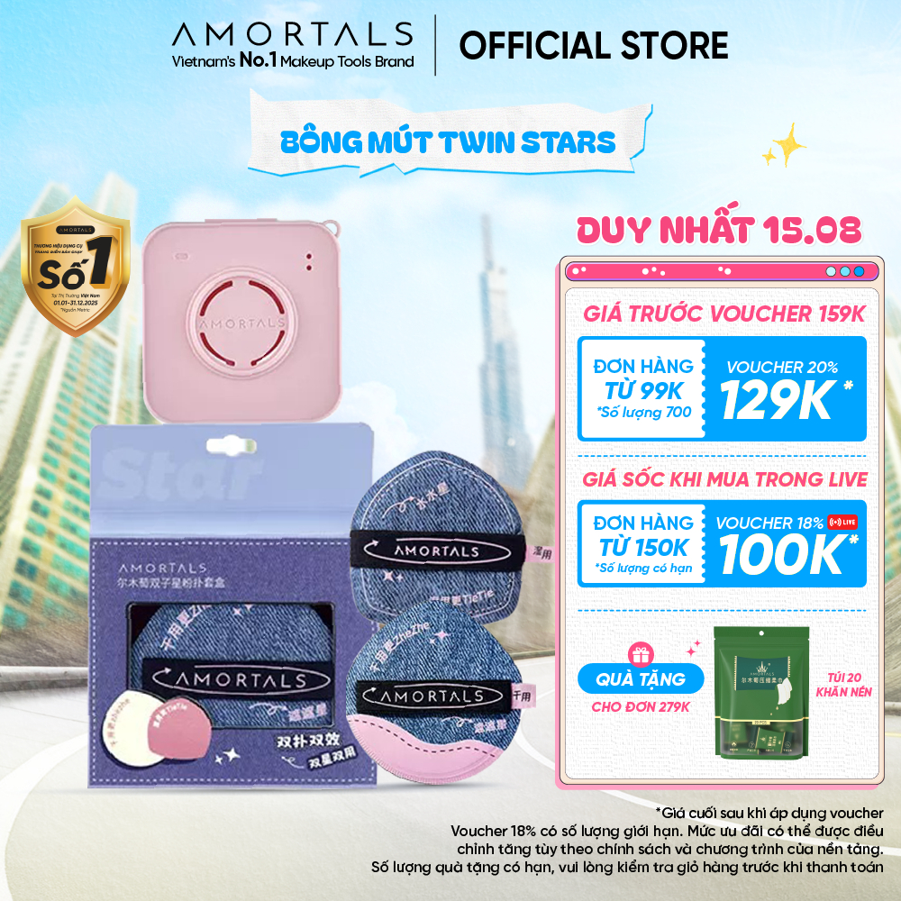 Bông mút Amortals TWIN STARS mút đánh nền thoáng khí đàn hồi cao kèm hộp đựng Cosmetic Mỹ Phẩm Nữ