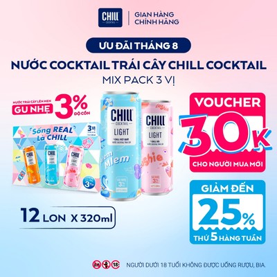 Thùng 12 Lon CHILL COCKTAIL LIGHT Mix 3 Vị 320ml, Nước Cocktail Trái Cây Gu Nhẹ 3% Ít Cồn - Sống REAL Là CHILL