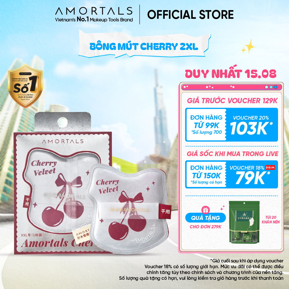 Bông Mút Trang Điểm Amortals Cherry Velvet Size 2XL – Bề Mặt Nhung Mịn, Mút Dày Đàn Hồi, Dặm Nền Nhanh, Không Hút Kem