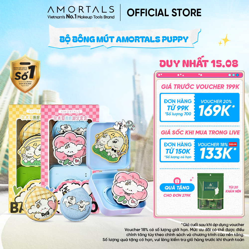Bông Mút Trang Điểm Puppy Amortals, Thiết Kế Xinh Xắn, Kết Cấu Đầy Đặn Dễ Tán, Hạn Chế Hút Kem Nền, Đánh Nền Căng Mướt