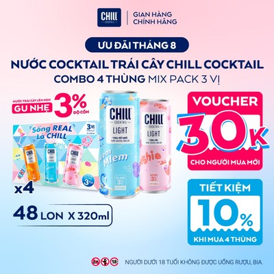 Combo 4 Thùng CHILL COCKTAIL LIGHT Mix 3 Vị (48 Lon x 320ml) Nước Cocktail Trái Cây Gu Nhẹ 3% Ít Cồn Sống REAL Là CHILL