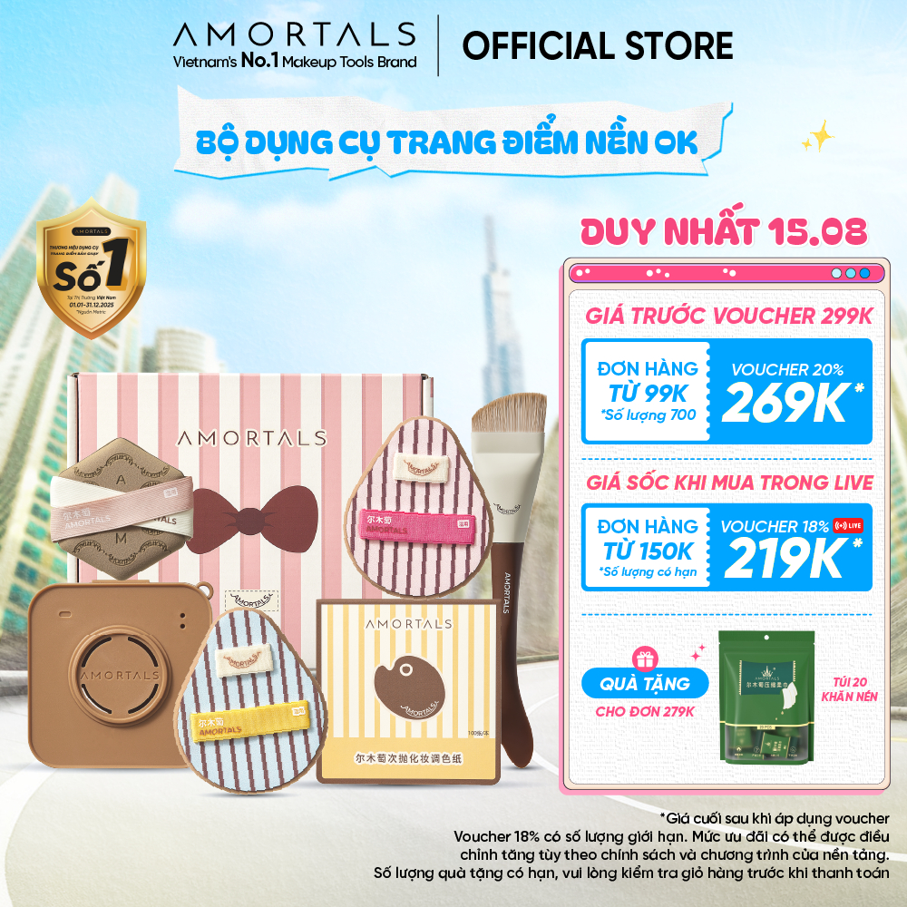 Bộ Bông Mút & Cọ Tán Nền Amortals OK 6 Món – Trọn Bộ Trang Điểm Dễ Dùng Cho Người Mới, Nền Mịn Lì & Căng Bóng Tự