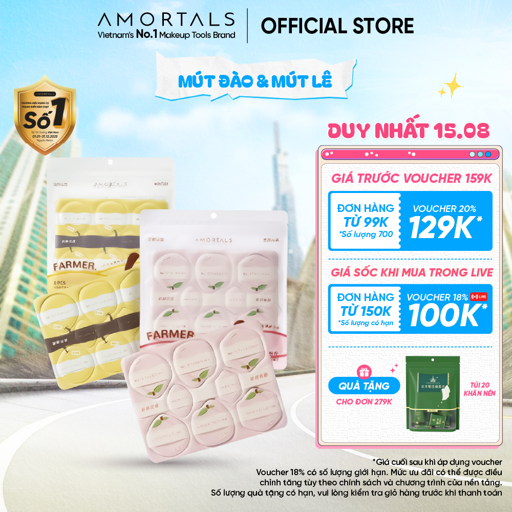 Set 8 Mút Tự Xé AMORTALS Peach Farm Dùng Khô Ướt, Thiết Kế Vỉ, Siêu Mềm, Tiện Dụng
