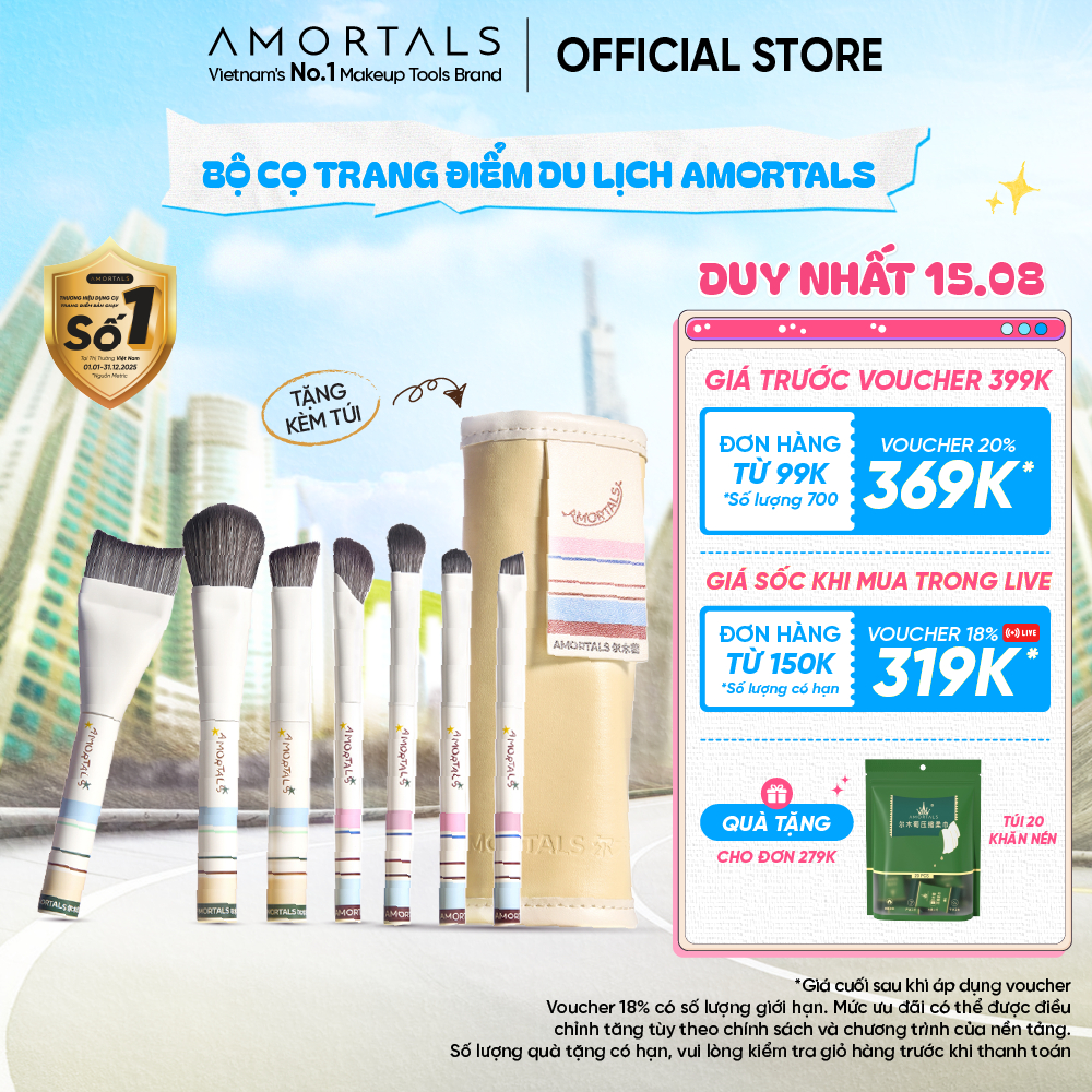 Bộ Cọ Trang Điểm Amortals 7 Cây Du Lịch – Lông Mềm Mịn, Nhỏ Gọn Tiện Mang Theo, Full Makeup