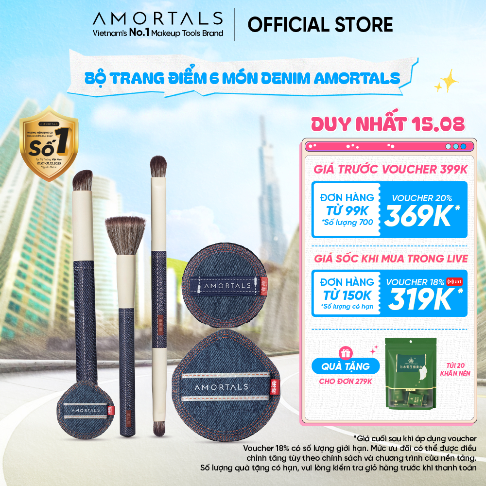 Bộ Trang Điểm 6 Món Denim Amortals, Thiết Kế Dễ Dùng Cho Người Mới, Dùng Cho Cả Phấn Bột & Kem