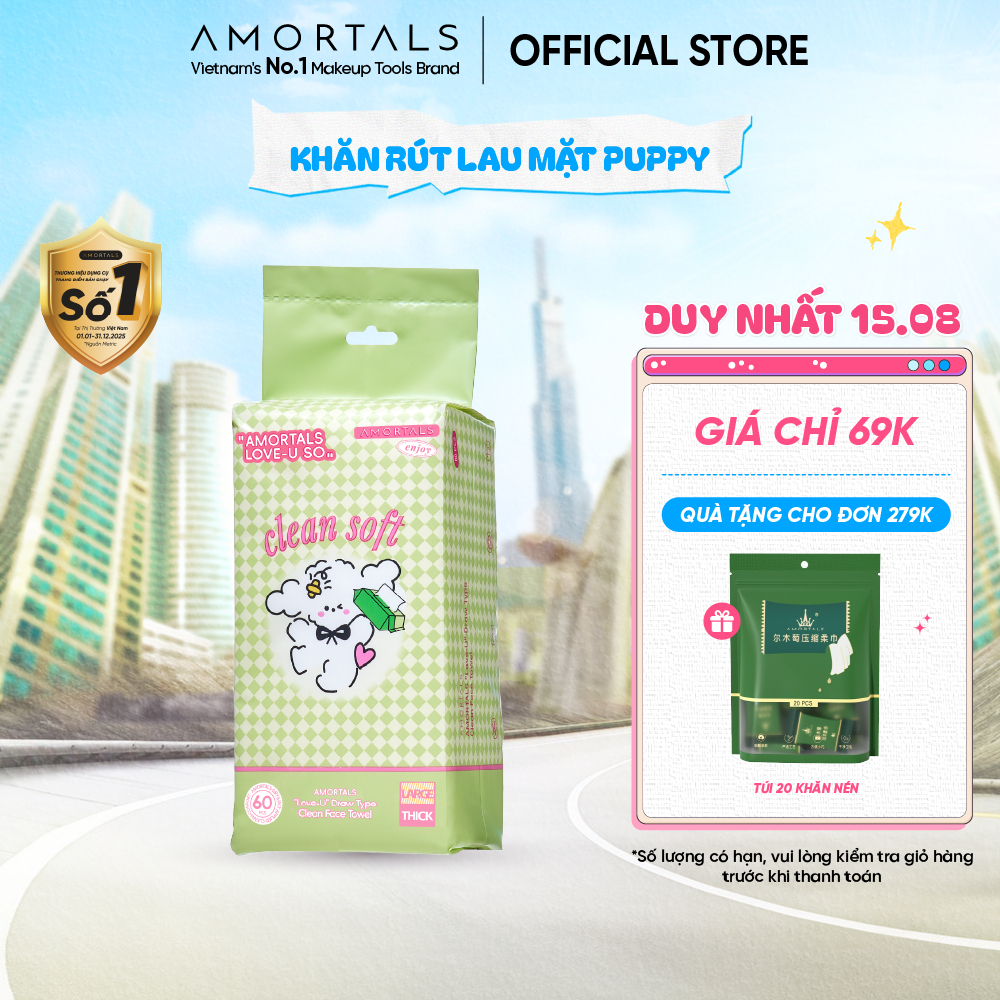 Túi 60 Khăn Mặt Đa Năng Puppy AMORTALS Dạng Rút Tiện lợi, Khăn Mềm Mại, Thân Thiện Với Da, Dùng Một Lần