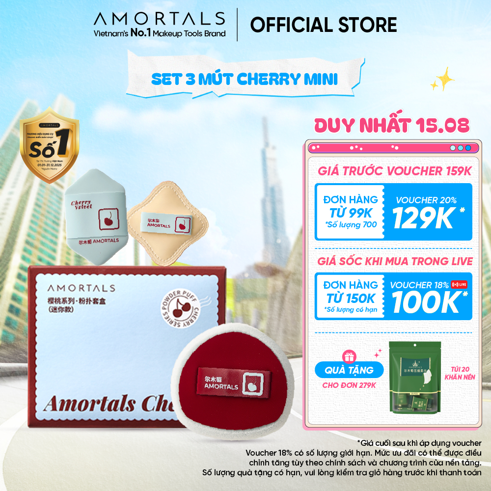 Set 3 Bông Mút Trang Điểm Mini Cherry AMORTALS – Tán Nền Chi Tiết, Không Vết, Makeup Trong Veo, Bộ 3 Mút Đa Năng (NBR +