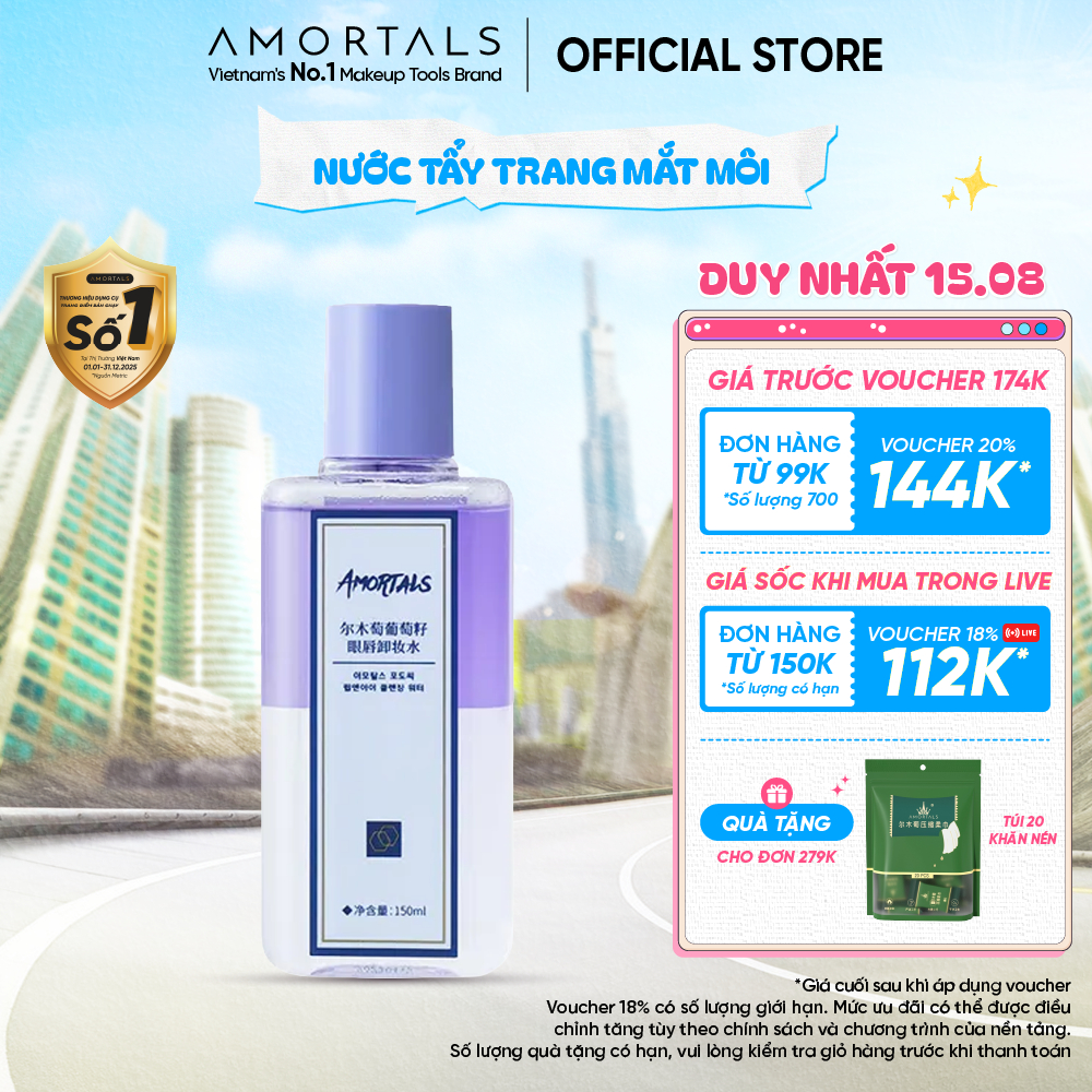 Nước Tẩy Trang Mắt Môi Amortals, Dịu Nhẹ Dành Cho Mọi Loại Da Tẩy Sạch Tức Thì Lớp Makeup, Ẩm Mượt Thân Thiện Với Da