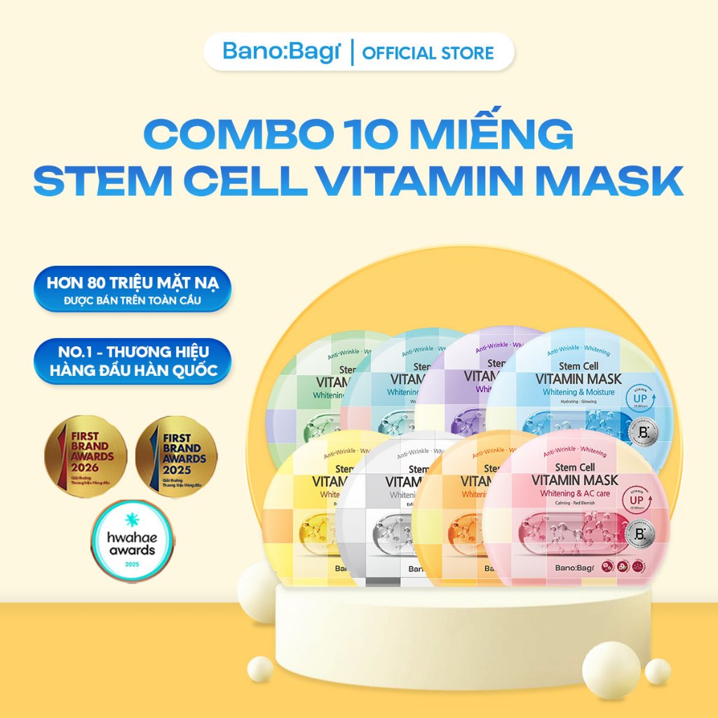 COMBO 10 Miếng Mặt Nạ Bano:Bagi Stem Cell Vitamin Mask Dưỡng Da Chuyên Sâu Dành Cho Mọi Loại Da 30ml