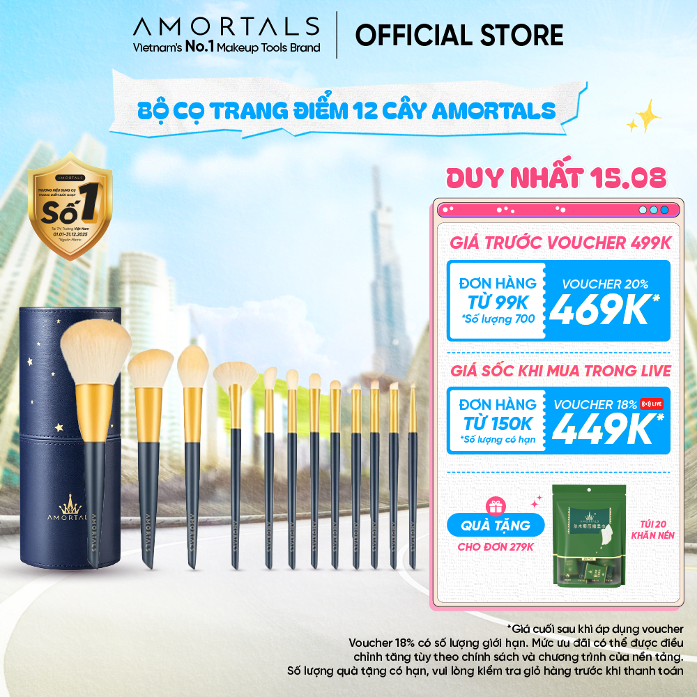 Bộ Cọ Trang Điểm 12 Cây AMORTALS Chính Hãng - Đa Năng, Chất Lượng Cao, Kèm Hộp Đựng