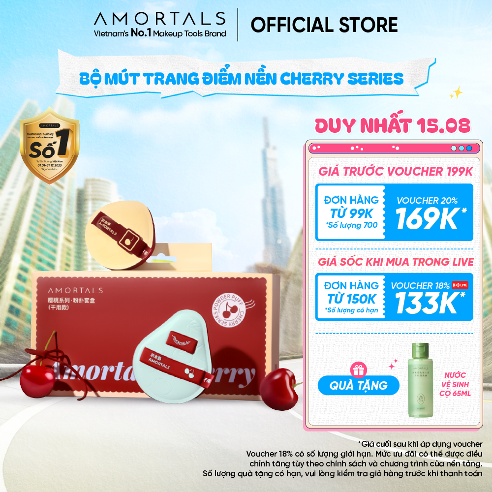 Bông Mút Trang Điểm Amortals Cherry Series – Bề Mặt Nhung Mịn, Đàn Hồi, Tán Nền Nhanh, Không Hút Kem, Kèm Hộp Hoa