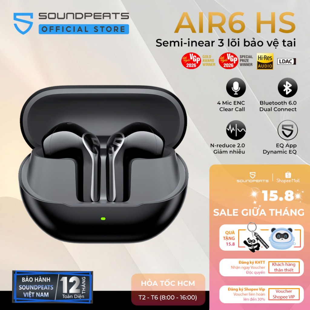 Tai Nghe True Wireless SoundPEATS Air6 HS Hires Audio | Driver Sinh Học 3 Lõi Bảo Vệ Tai | N-Reduce 2.0 | Bluetooth 6.0 | BigBuy360 - bigbuy360.vn