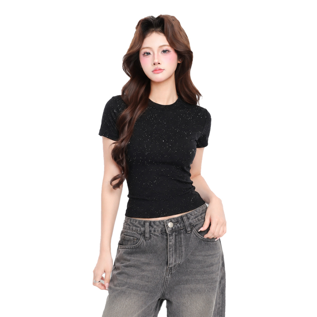 Áo Thun Baby Tee Nữ Kim Tuyến Dáng Ôm PINKSTORE29 Kiểu Lấp Lánh A51336