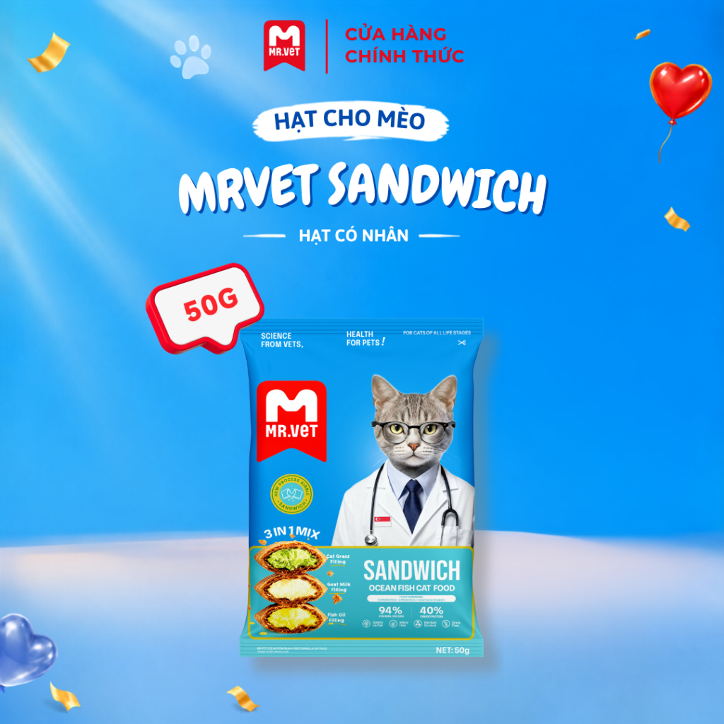Hạt có nhân SANDWICH MRVET 3 Nhân Chức Năng Chuyên Biệt Gói 50G Không Ngũ Cốc, Giàu Protein