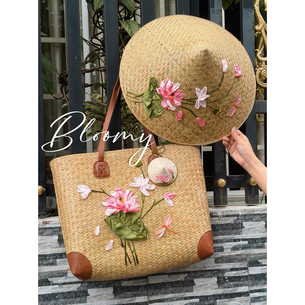 Set Nón Và Túi Sen Thêu Tay Bloomy Dòng Cao Cấp