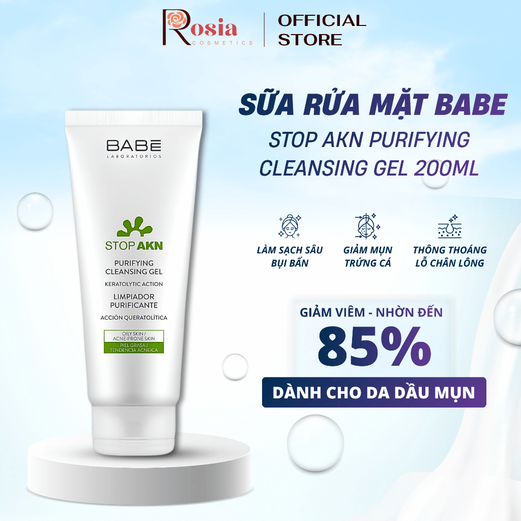 Sữa Rửa Mặt Babe Stop Akn Purifying Cleansing Gel 200ml Cho Da Mụn - Rosia Cosmetics