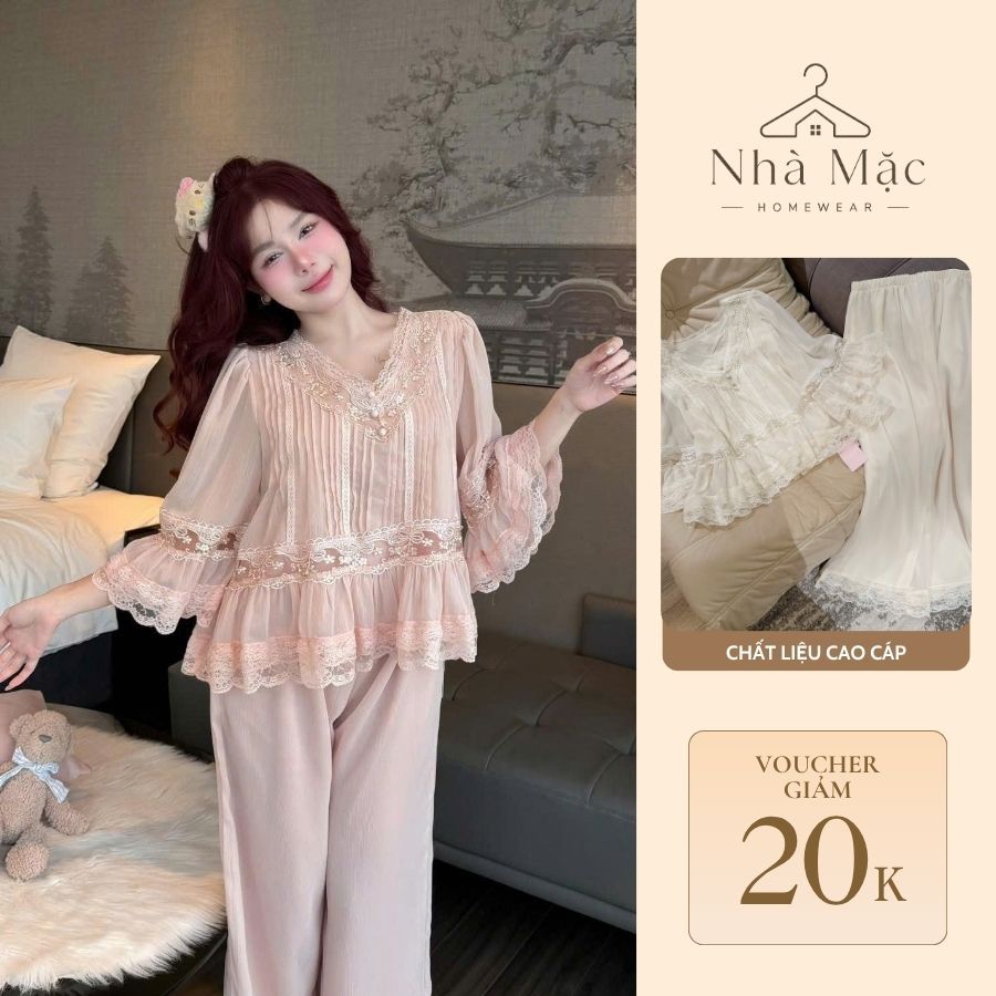 Bộ mặc nhà cao cấp nữ, bộ đồ ngủ nữ áo dài tay, set dài tay 0124 chất voan mềm có lớp lót