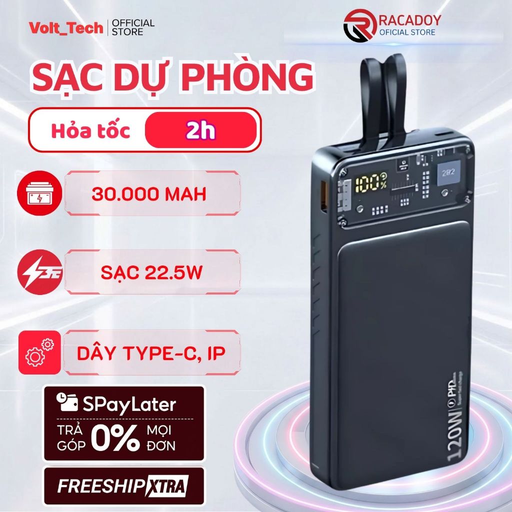 Sạc Dự Phòng 30.000mah Công suất tối đa 120W, Tích hợp 2 Dây Sẵn, Sạc Liên Tục 4-5 Lần Cho IP14prm