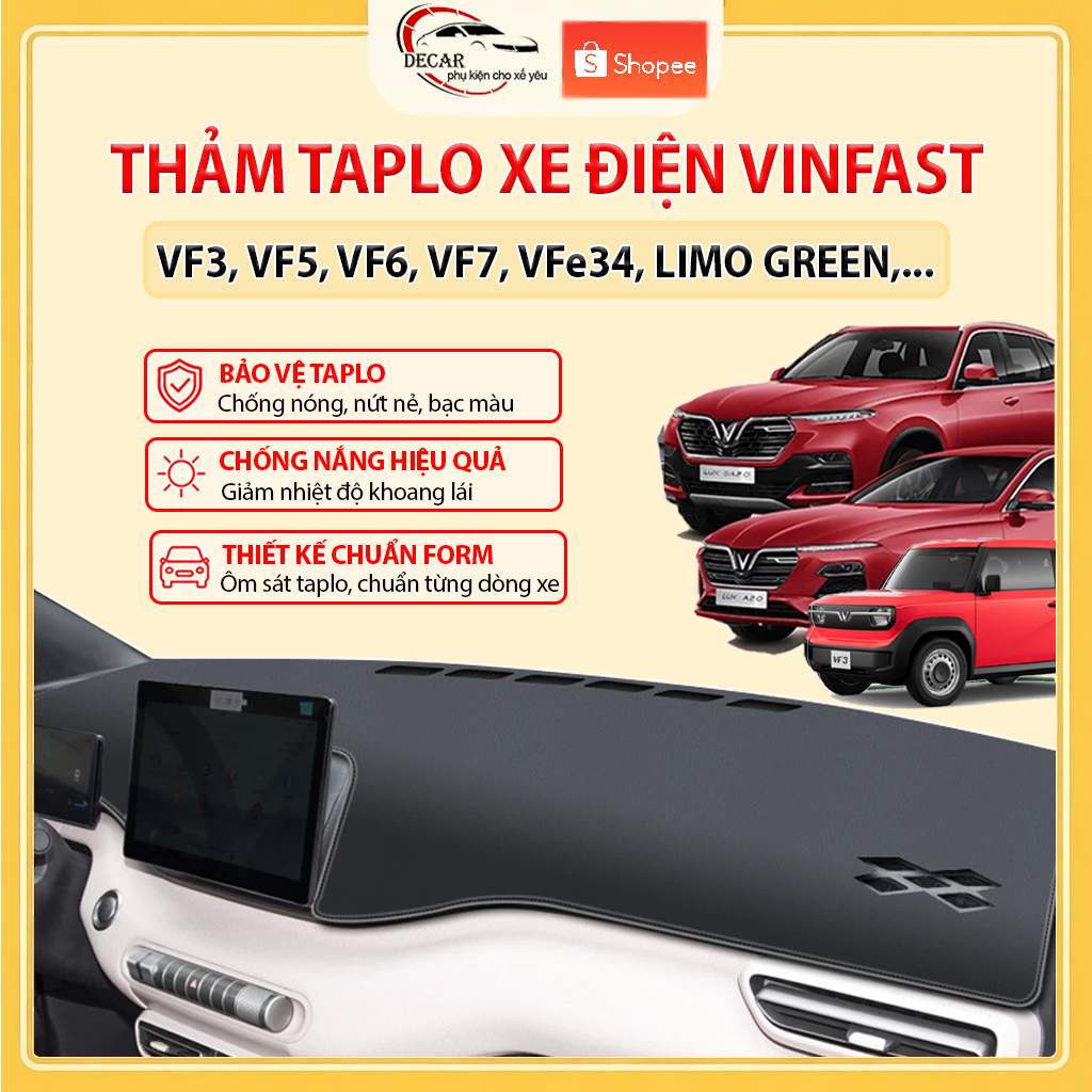 Thảm Taplo Ô Tô Điện VinFast Da Carbon, Nhung Lông Cừu Cao Cấp Limo Green, VF3, VF5, VF6, VF7, VF8, VF9, VFe34, Fadil,..