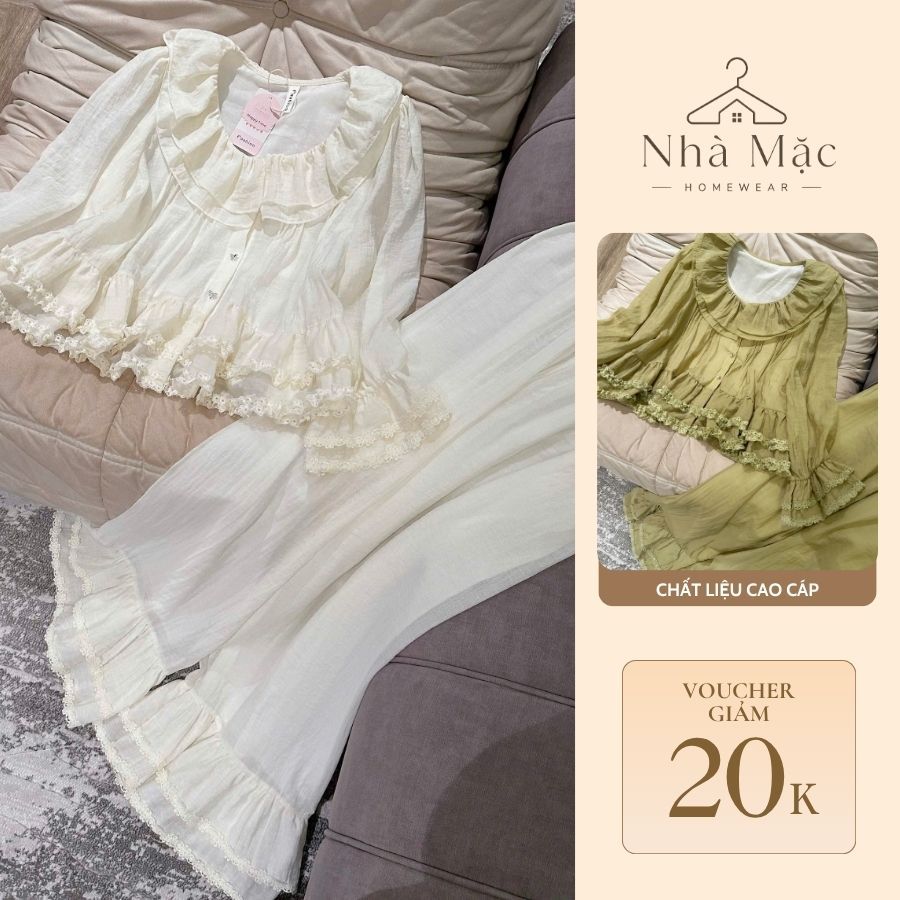 Bộ mặc nhà cao cấp nữ, bộ đồ ngủ nữ áo dài tay, set dài tay 0229 chất voan mềm có lớp lót