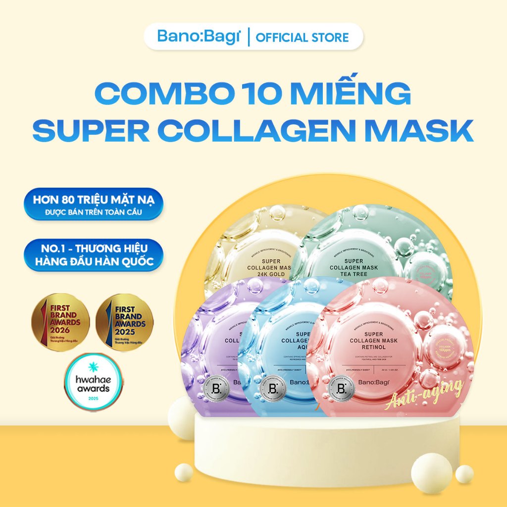 COMBO 10 Miếng Mặt Nạ Bano:Bagi Super Collagen Dưỡng Da Chuyên Sâu Dành Cho Mọi Loại Da 30ml