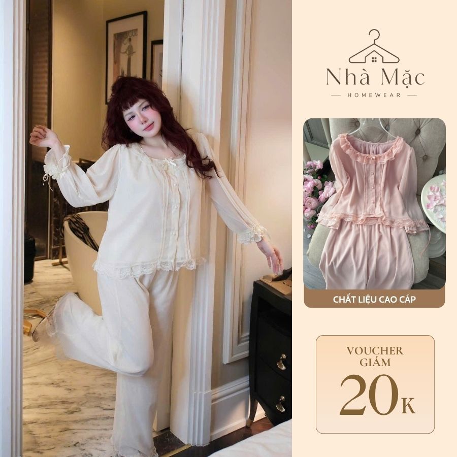Bộ mặc nhà cao cấp nữ, bộ đồ ngủ nữ áo dài tay, set dài tay 0137 chất voan mềm có lớp lót