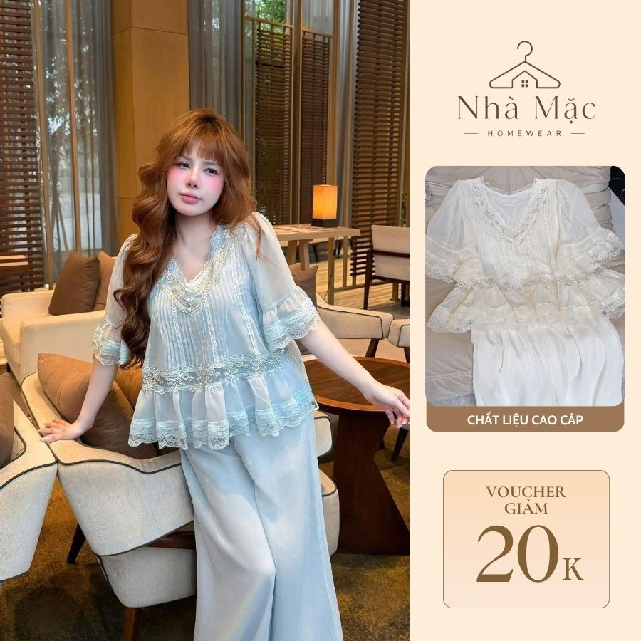 Bộ mặc nhà cao cấp nữ, bộ đồ ngủ nữ áo cộc quần dài, set cộc dài 0124 chất voan mềm có lớp lót