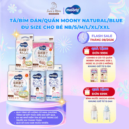 Tã Dán/Quần Moony Natural, Dịu Nhẹ/ Blue - Sợi Bông Organic Siêu Mềm Thoáng Size NB/S/M/L/XL/XXL