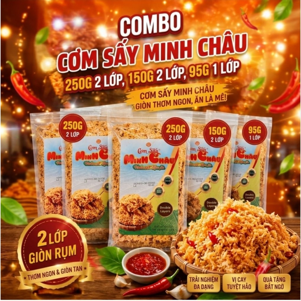 Cơm Cháy Siêu Chà Bông ( Cơm Sấy ) Minh Châu, Thơm Ngon, Giòn, Minh Châu Food. 2 Lớp 150gram 250gram