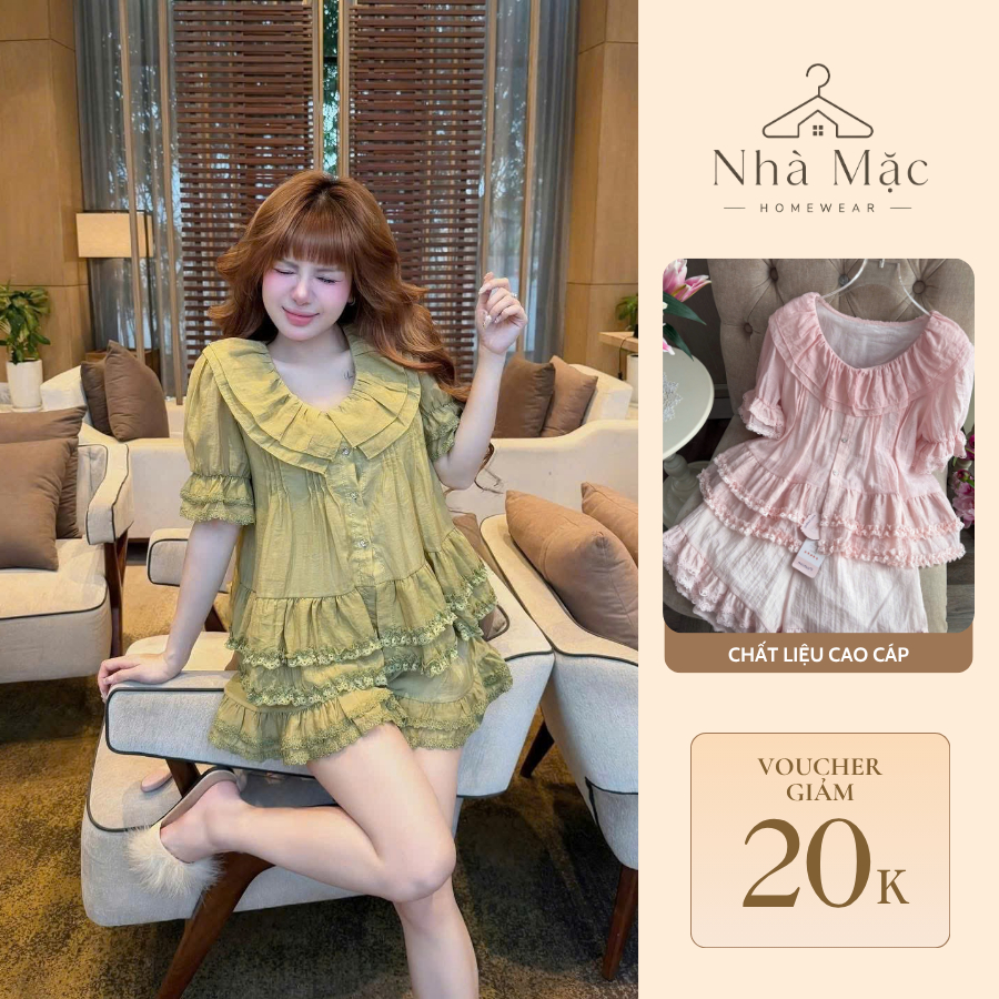 Bộ mặc nhà cao cấp nữ, bộ đồ ngủ nữ áo cộc quần cộc, set đùi cộc 2029 chất liệu voan có lớp lót bên trong