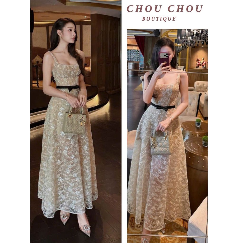 Đầm Ren 2 Dây Thắt Nơ Eo Sang Chảnh Chuẩn CHOUCHOU Váy Ren Dạ Hội Đi Tiệc Dáng Xòe Tiểu Thư Cao Cấp