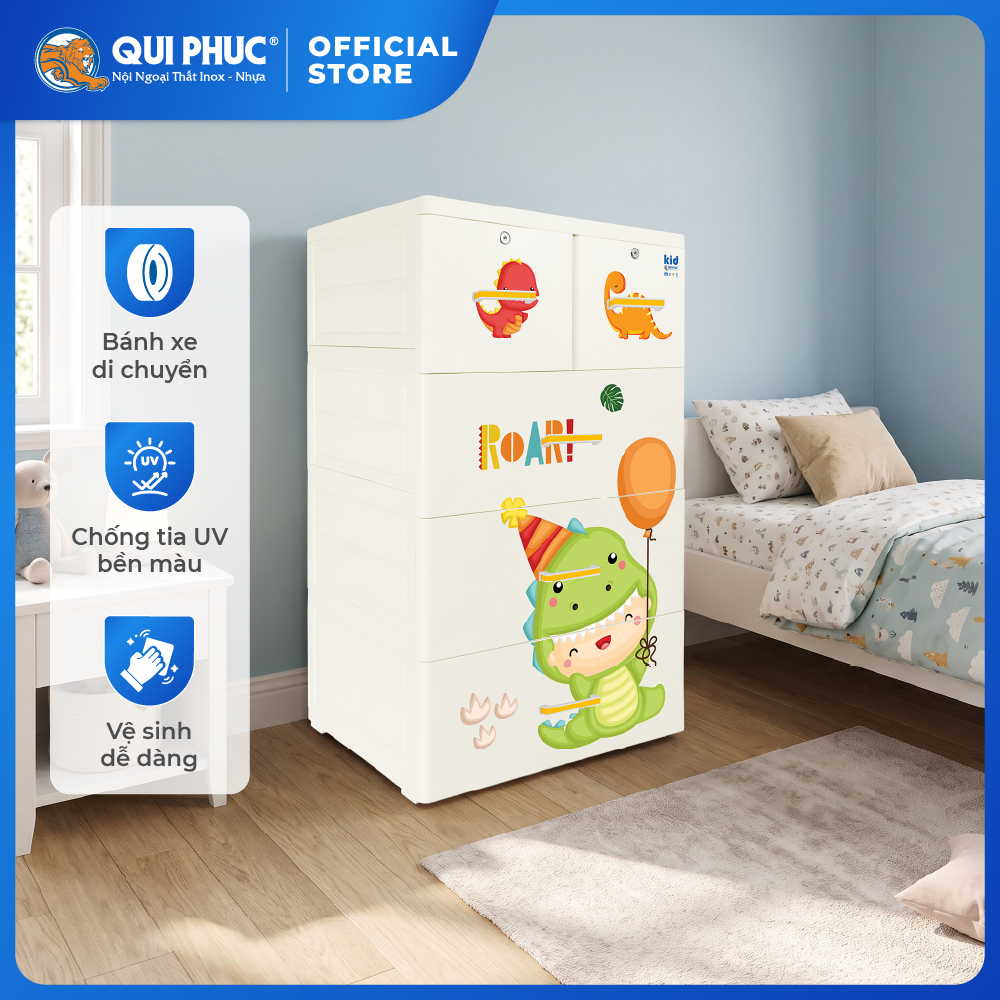 [HỎA TỐC] Tủ nhựa Kid 4-5 tầng QUI PHÚC, tủ đựng quần áo cho bé, an toàn, hoạt tiết dễ thương