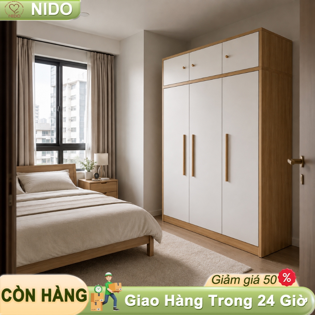 Tủ áo phòng ngủ đa năng, 2-3 cánh, có ngăn kéo, tủ trên, rộng 60/80/120cm, sâu 52cm NIDO