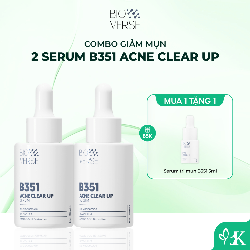 Bioverse Bộ Đôi Tinh Chất Niacinamide 5% + Zinc 1% Hỗ Trợ Mụn B351 Acne Clear Up Serum 30ml