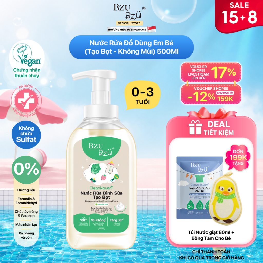 [Phiên bản mới] Nước Rửa Bình Sữa, Rau Củ Quả Và Đồ Dùng Em Bé Thuần Chay BZU BZU CleanHaven Tạo Bọt 500ml, Không Mùi