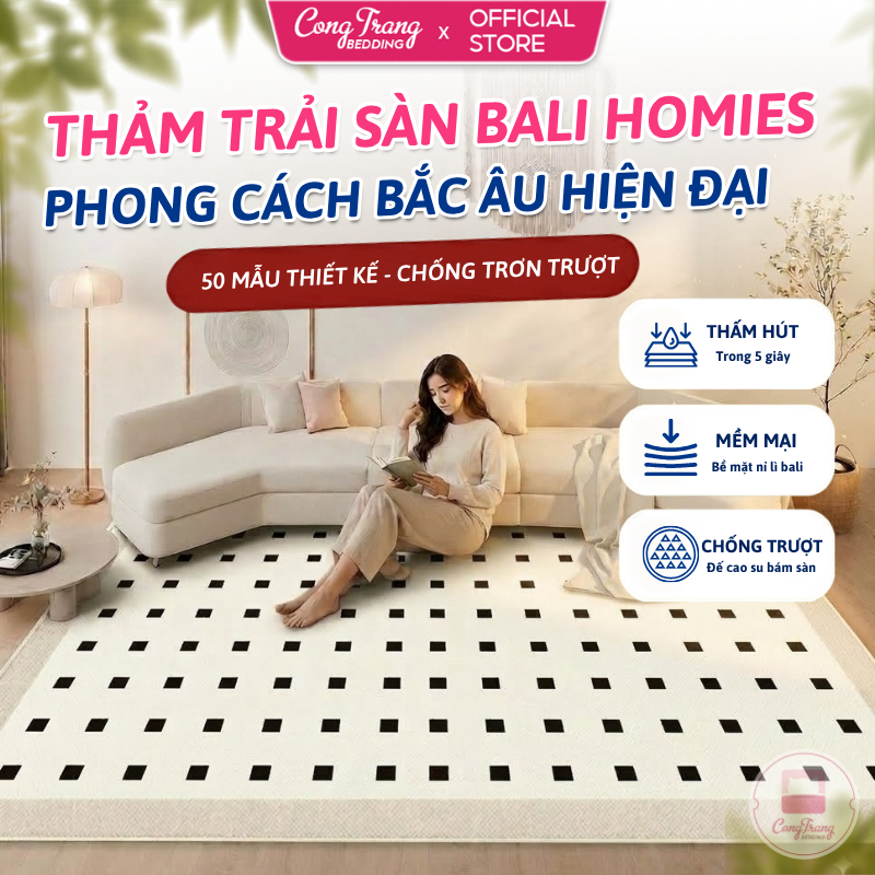 Thảm Trải Sàn Bali CongTrang Bedding Thảm Nỉ Phòng Khách Cao Cấp, Thảm Lót Sàn, Ghế Sofa - Đế Cao Su Chống Trượt