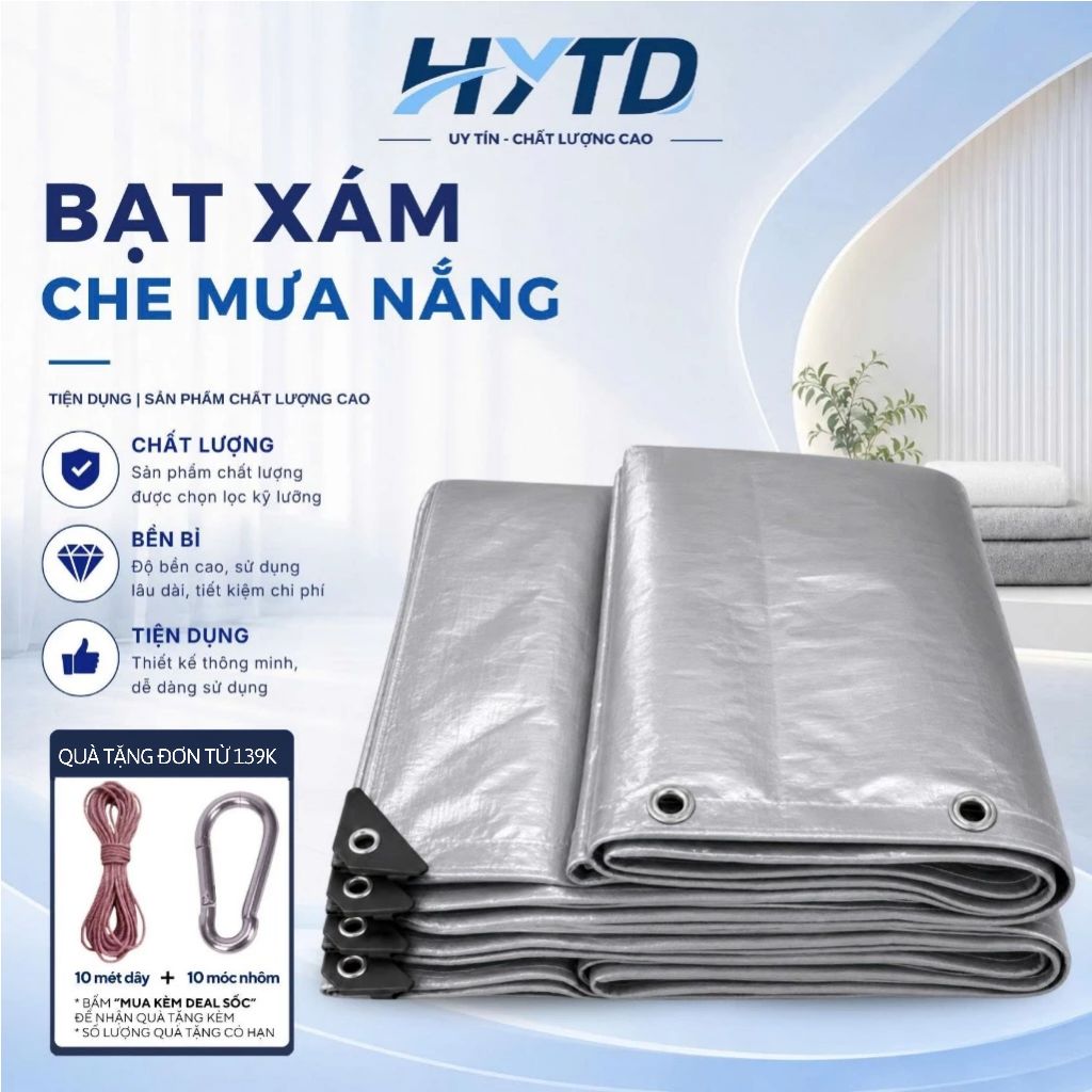 Bạt Che Nắng Mưa HYTD, Bạt Xám Chống Thấm Chống Tia UV May Viền Đóng Khoen, Thảm Dã Ngoại Du Lịch Ngoài Trời