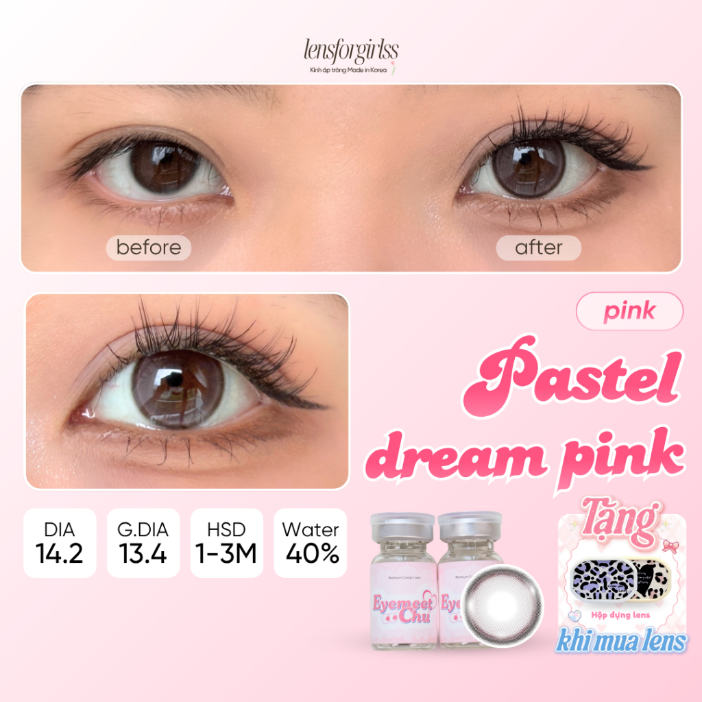 Kính áp tròng 3 tháng GIÃN TRÒNG LENSFORGIRLSS lens hồng tím EYEMEETCHU PASTEL DREAM PINK Lens học sinh