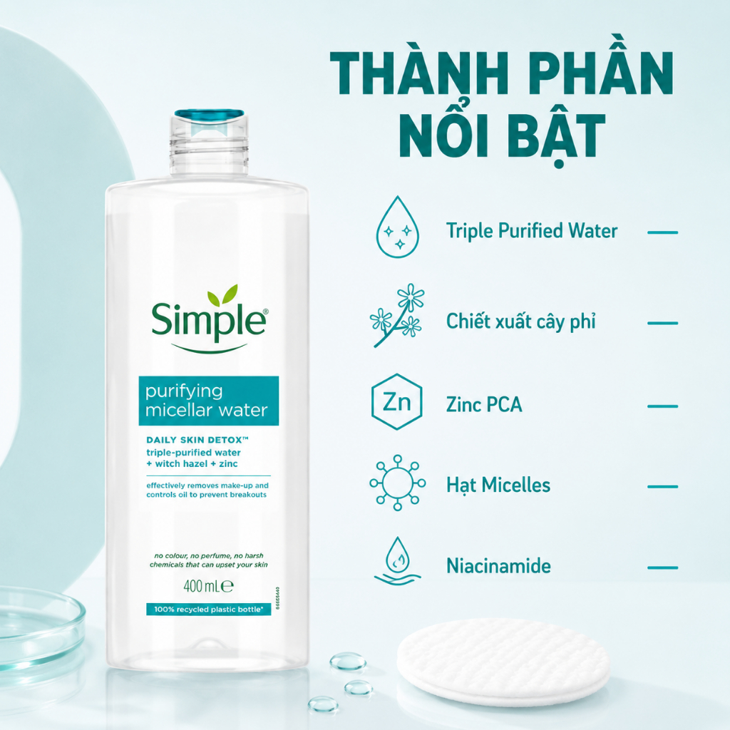 Nước Tẩy Trang Simple Micellar Water Kind To Skin, Làm Sạch, Cấp Ẩm Chai 200ml | BigBuy360 - bigbuy360.vn
