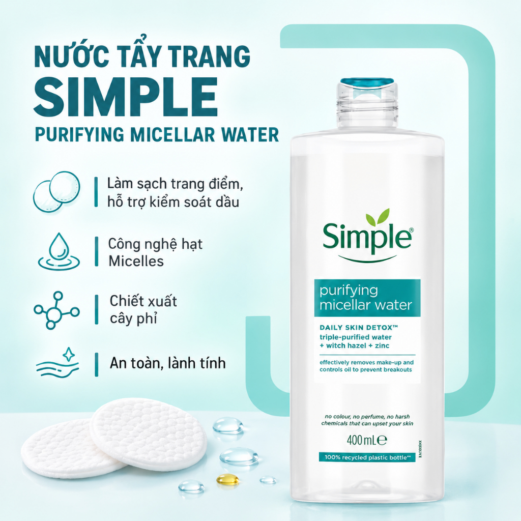 Nước Tẩy Trang Simple Micellar Water Kind To Skin, Làm Sạch, Cấp Ẩm Chai 200ml | BigBuy360 - bigbuy360.vn