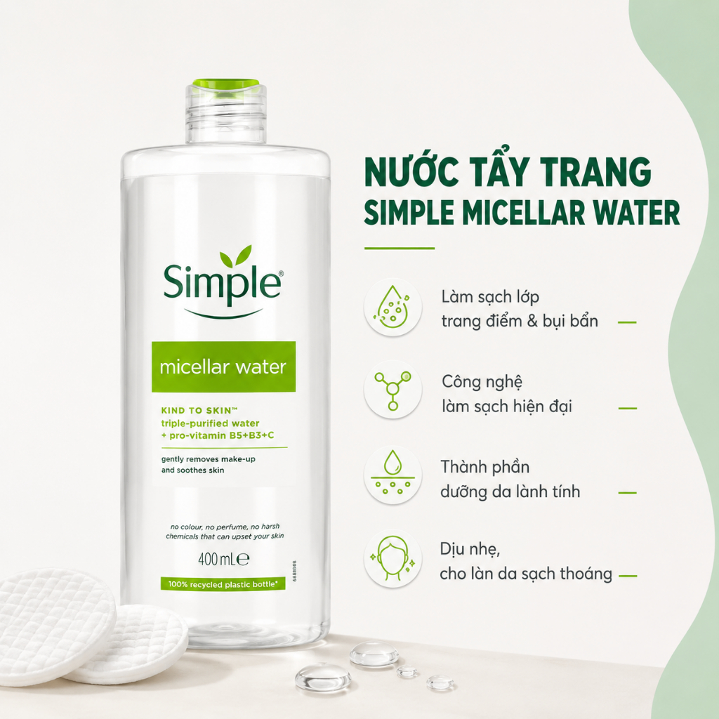 Nước Tẩy Trang Simple Micellar Water Kind To Skin, Làm Sạch, Cấp Ẩm Chai 200ml | BigBuy360 - bigbuy360.vn