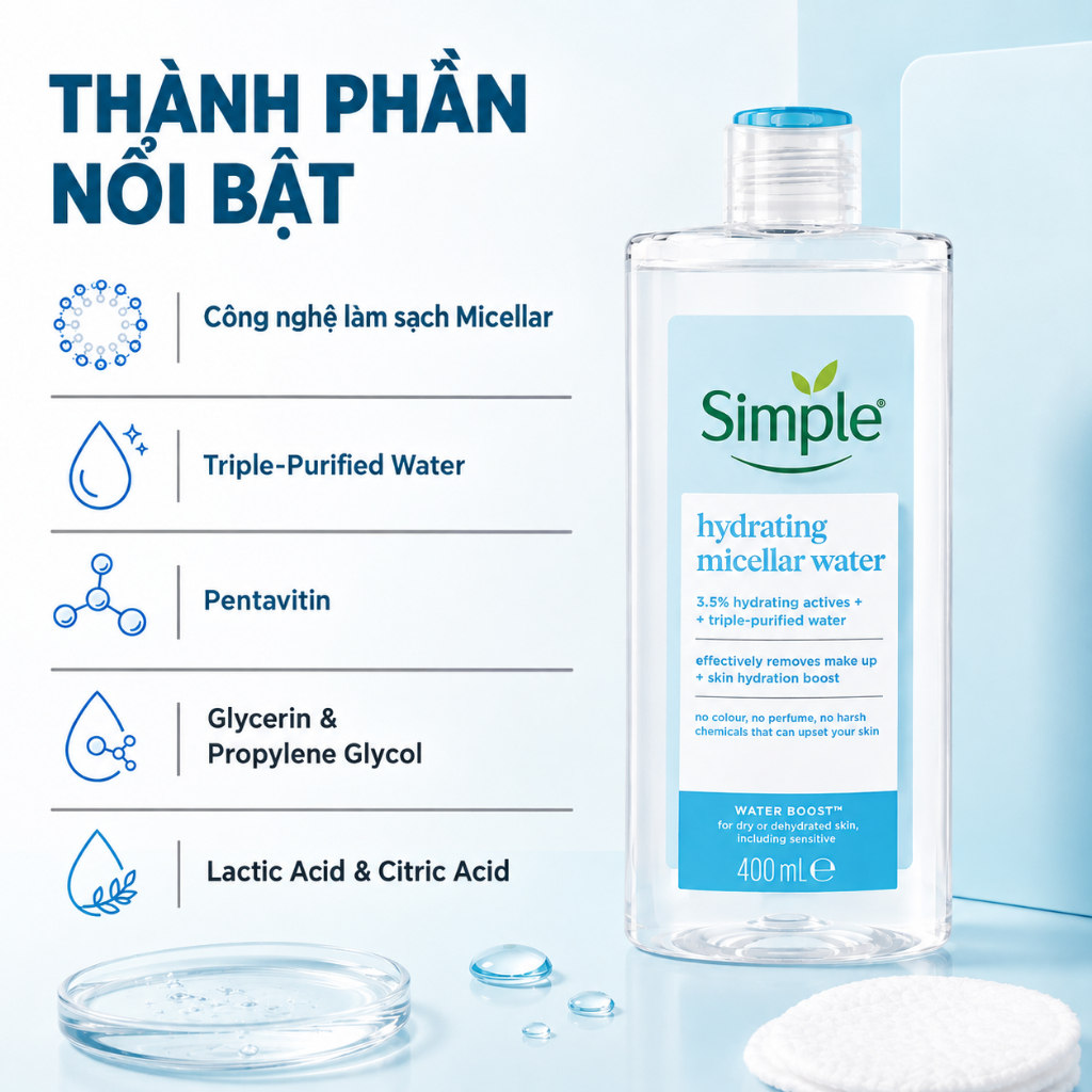 Nước Tẩy Trang Simple Micellar Water Kind To Skin, Làm Sạch, Cấp Ẩm Chai 200ml | BigBuy360 - bigbuy360.vn