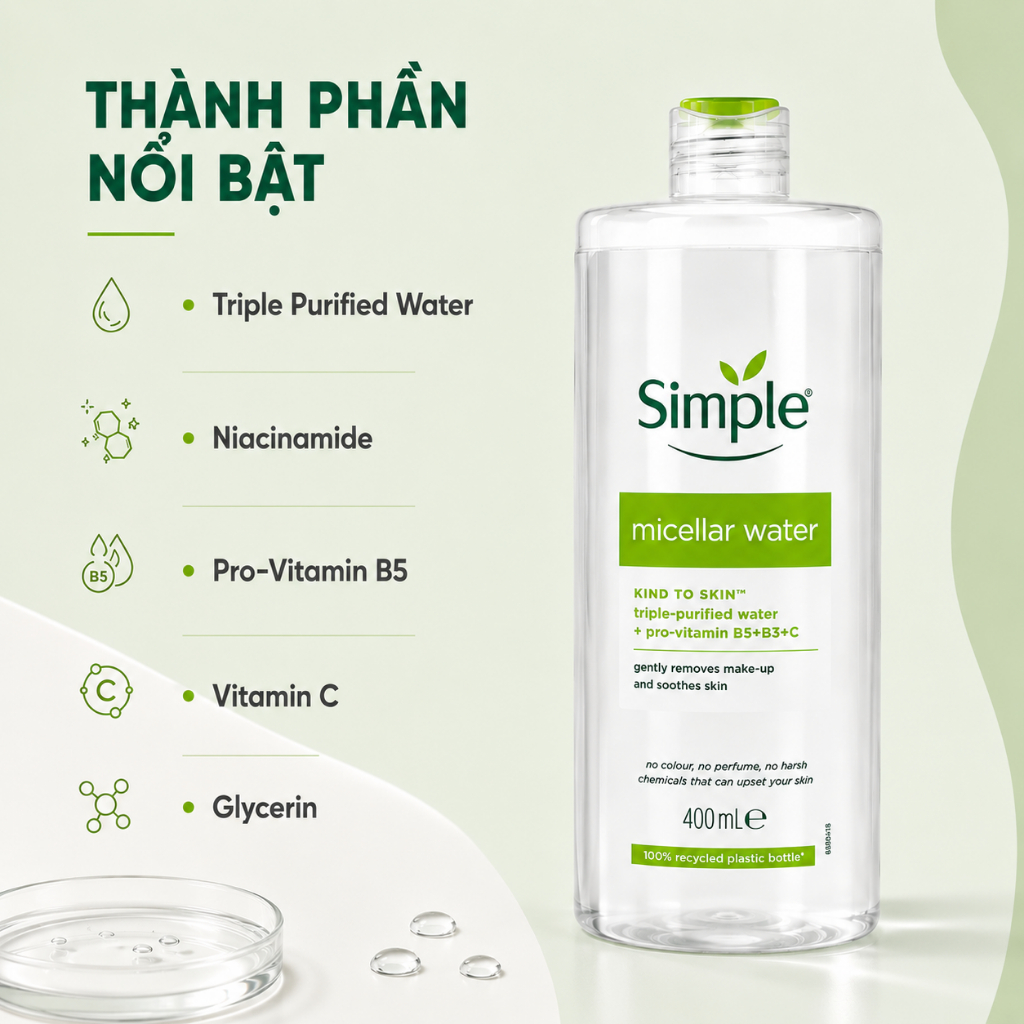 Nước Tẩy Trang Simple Micellar Water Kind To Skin, Làm Sạch, Cấp Ẩm Chai 200ml | BigBuy360 - bigbuy360.vn