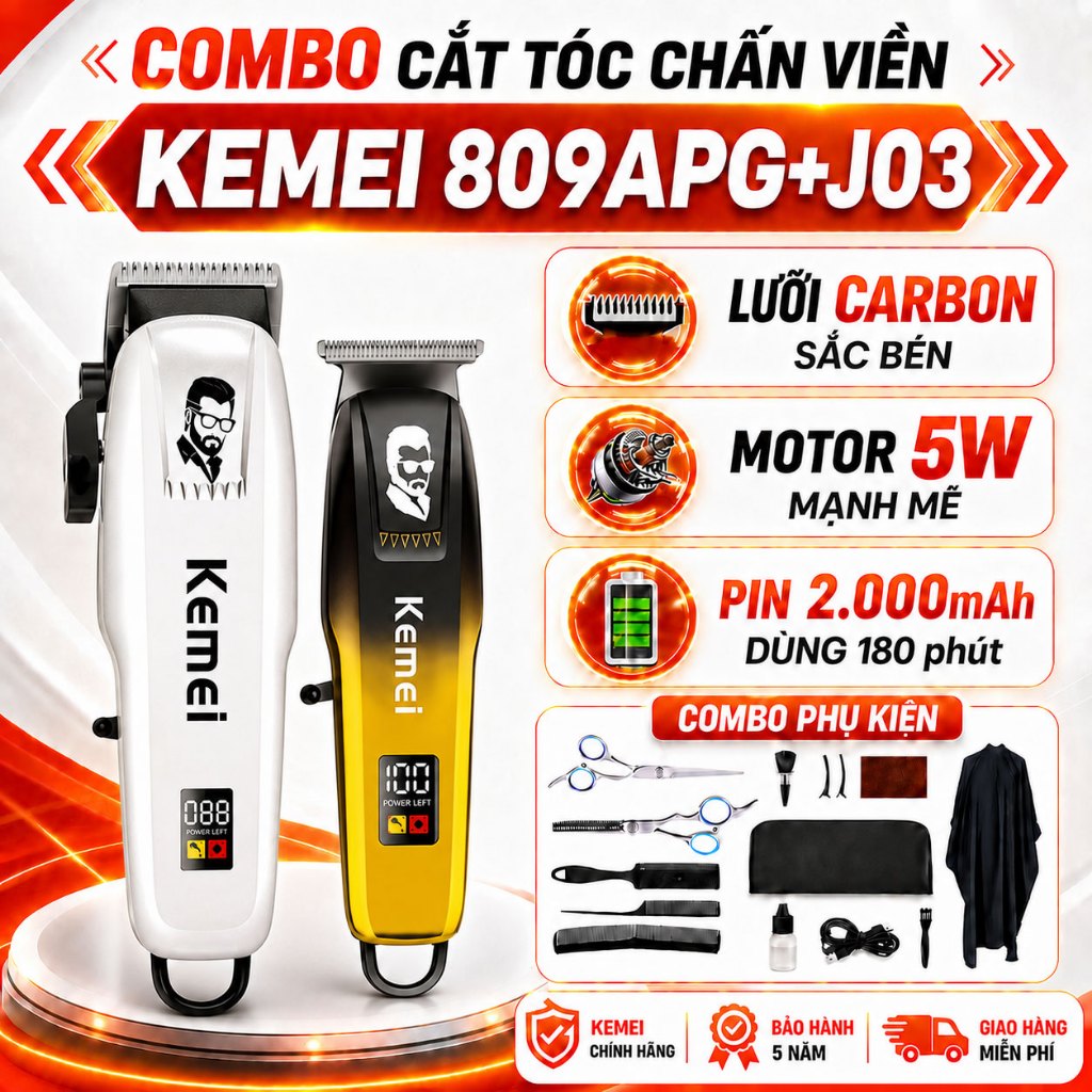 Tông Đơ Cắt Tóc Kemei KM 809APG và KM J03 Tăng Đơ Cắt Tóc Nam Chính Hãng Có Màn Hình LED Cao Cấp