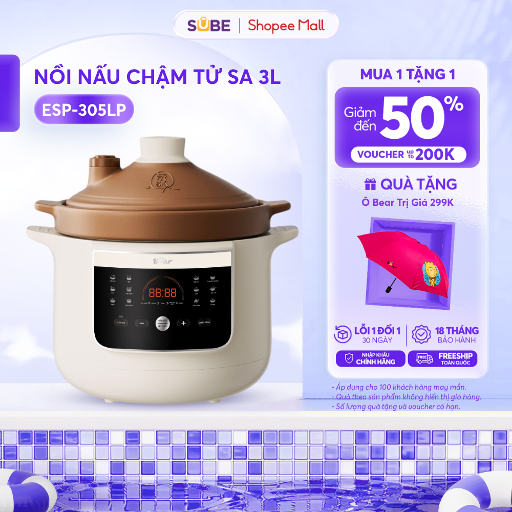 Nồi Kho Hầm Chậm BEAR 3L, Nồi Nấu Chậm Lòng Gốm Tử Sa Nguyên Khoáng Đa Năng Kho Hầm Ninh Nấu Soup Nấu Chè ESP-305LP