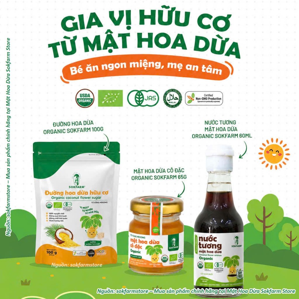 Gia vị hữu cơ sokfarm cho bé gồm nước tương hữu cơ cho bé, mật co đặc cho bé, đường hoa dừa cho bé
