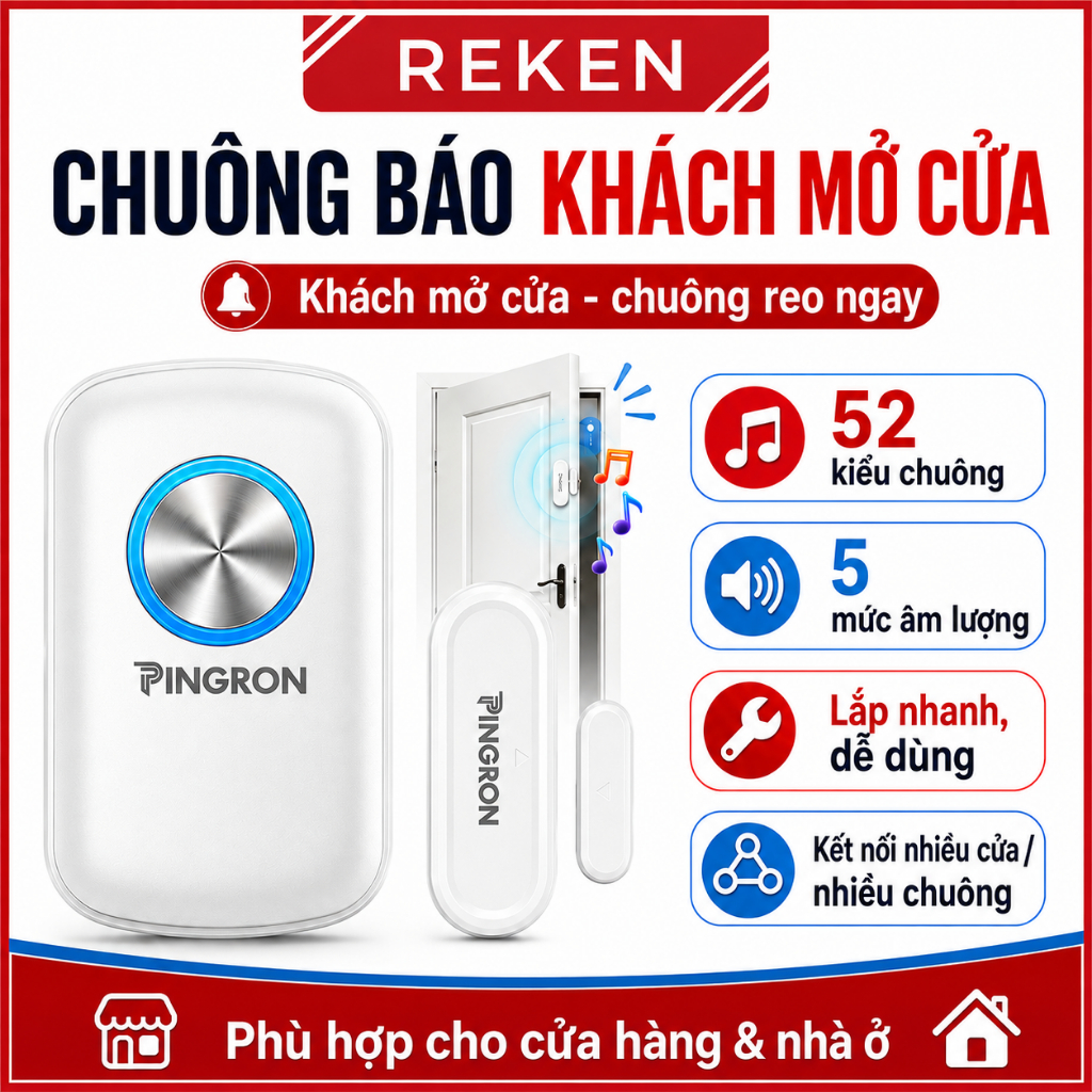 Chuông Báo Khách Mở Cửa Không Dây, Cảm Biến Gắn Cửa 52 Kiểu Chuông 5 Mức Âm Lượng PINGRON C10