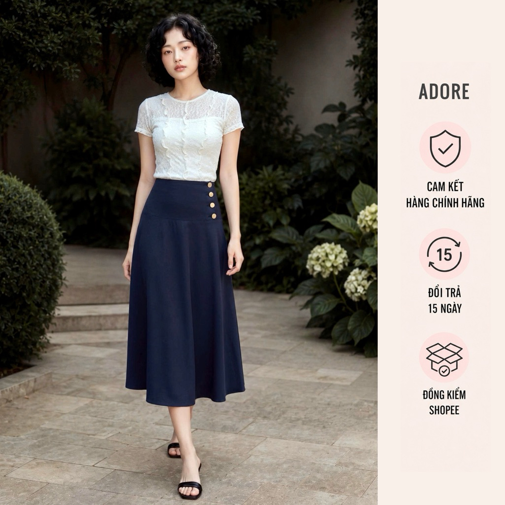 Chân váy Midi phối khuy sườn màu Navi/Kaki sáng 613SK4006