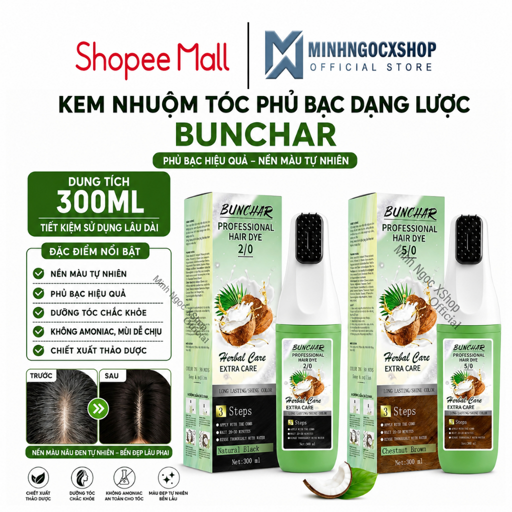 Kem nhuộm tóc phủ bạc dạng lược BUNCHAR Professional Hair Dye 300ML